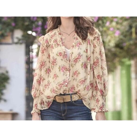 Sundance Amelia Floral Sheer Smocked Blouse Prairie Cottage Button Top Large - Picture 1 of 16